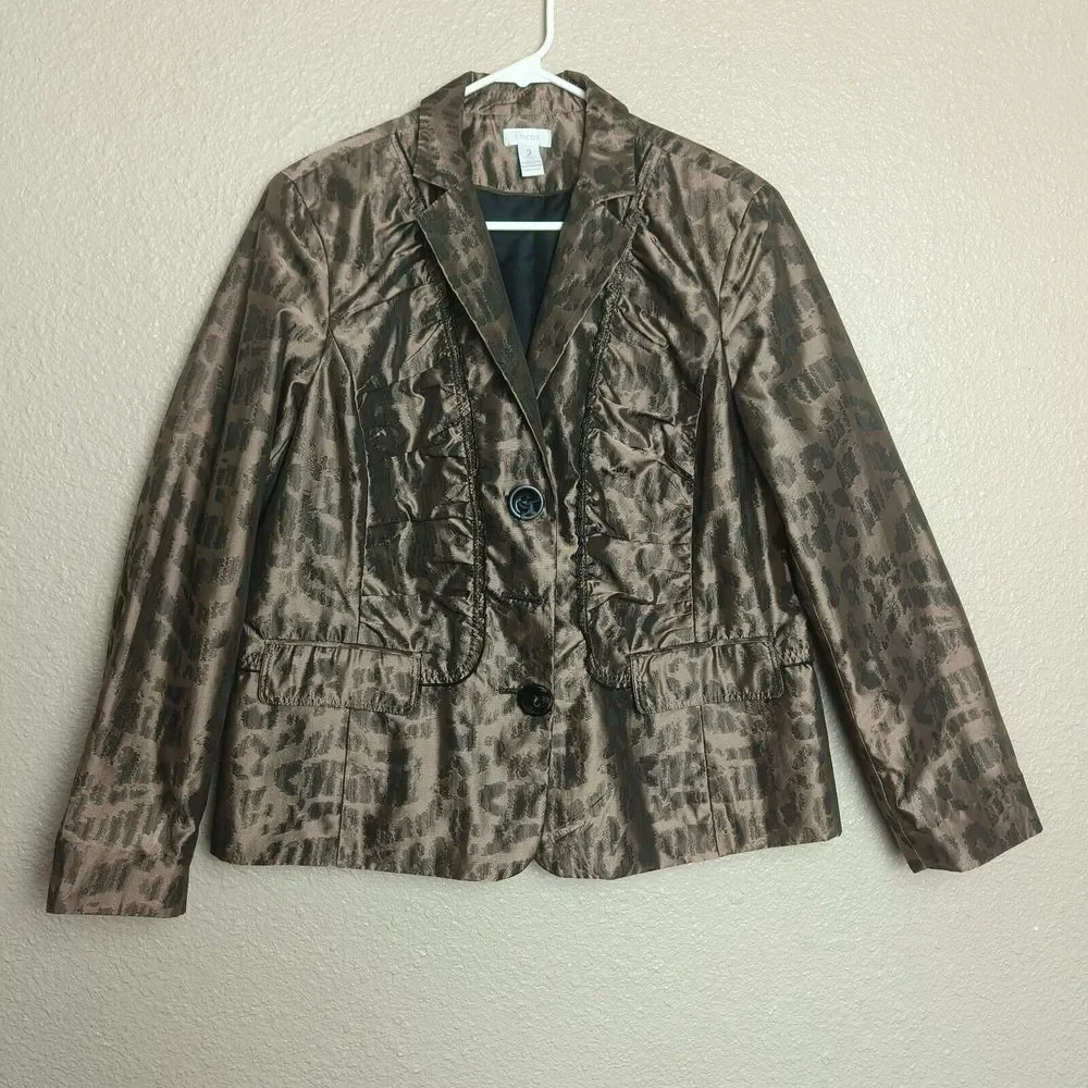 Chico's Blazer Women's Boho Animal Leopard Print Satin Ruched Button Jacket 2-L‎